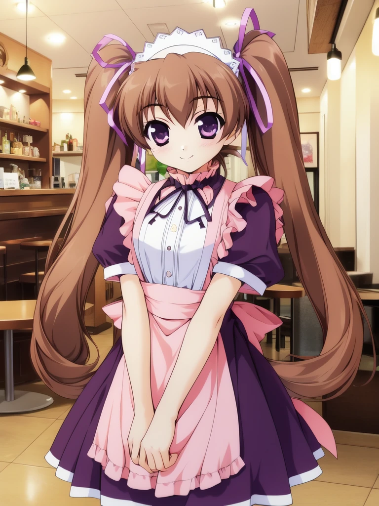 <lora:aizawa_tomomi:0.8>, aizawatomomi, 1girl, solo, brown hair, twintails, long hair, ribbon, smile, maid, purple eyes, dress, apron, hair ribbon, waitress, v arms,cafe, restaurant, room,
masterpiece, high quality, very_high_resolution, large_filesize, full color,