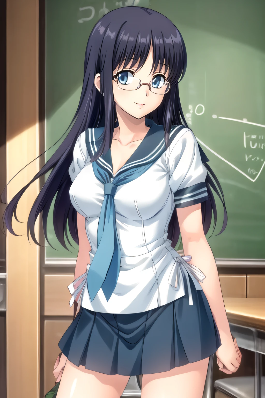 (masterpiece:1.2), best quality, high resolution, unity 8k wallpaper, (illustration), extremely detailed face, perfect lighting, extremely detailed CG, 1girl, solo, <lora:Ai:0.7>, jinnoai, blue eyes, long hair, school uniform, serafuku, pleated skirt, necktie, standing, looking at viewer, smile, glasses, cowboy shot
