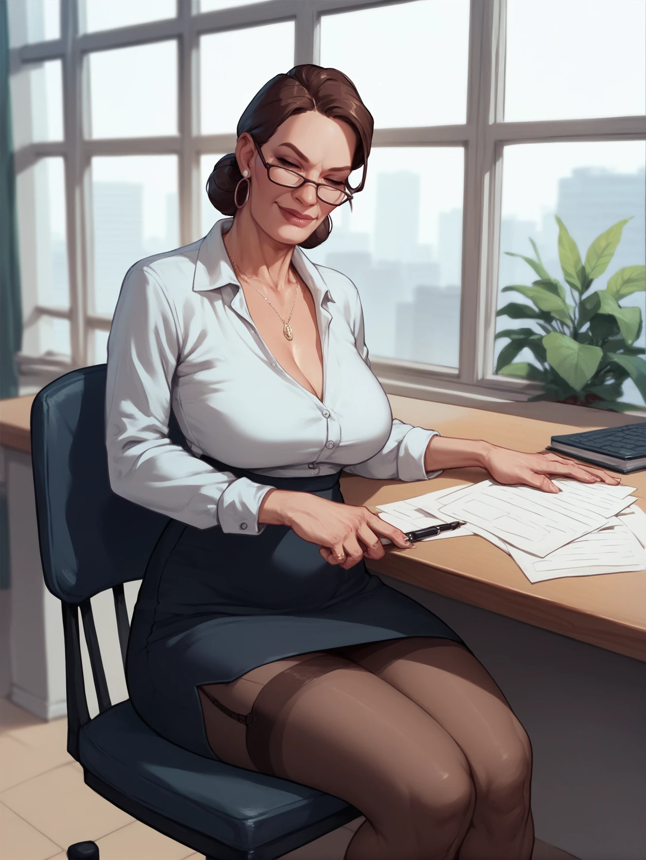 score_9, score_8_up,score_7_up, score_6_up, score_5_up, score_4_up, mature businesswoman sitting on chair at desk in office,  <lora:NacnacXL1.1:1>