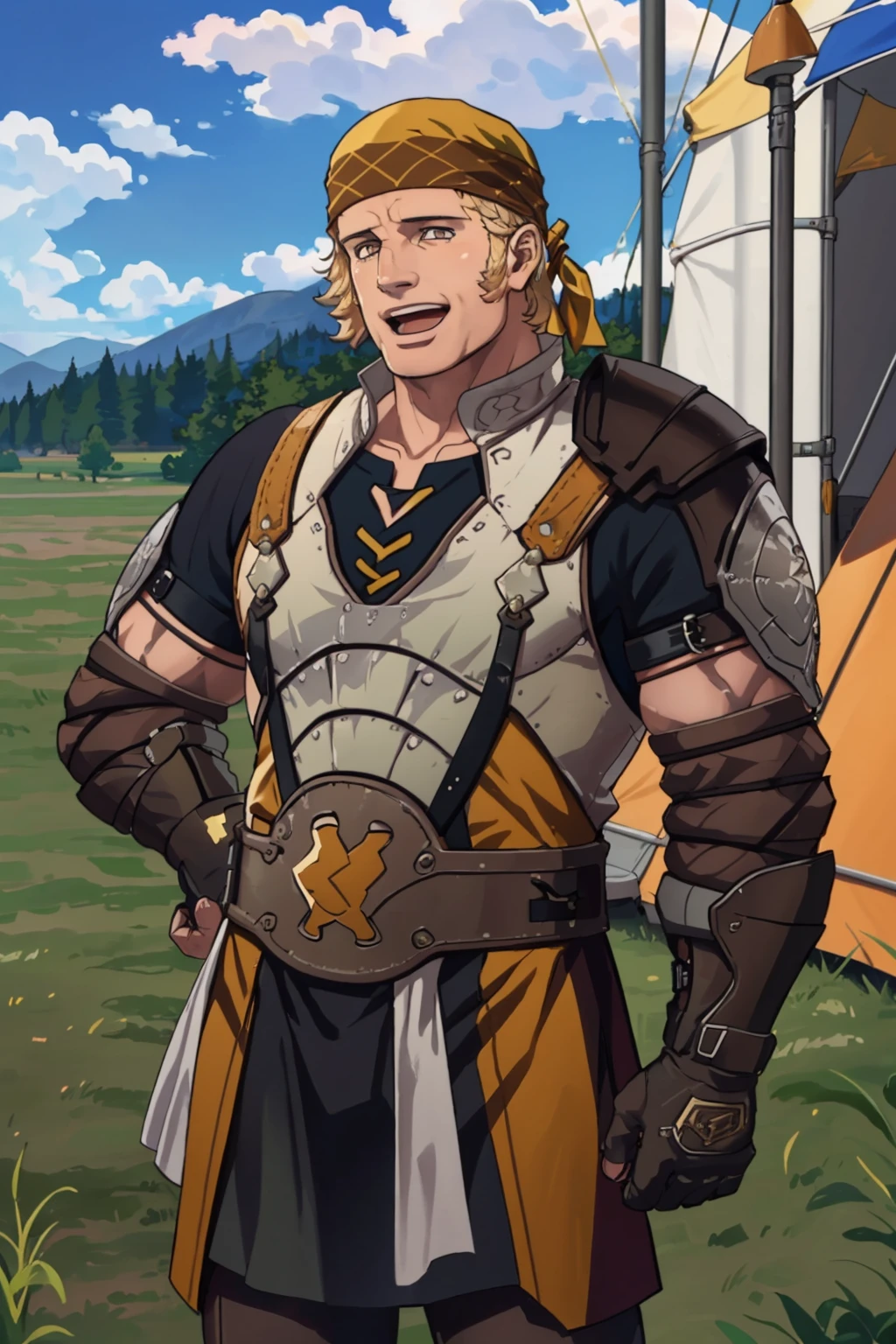 masterpiece, 1boy, cowboy shot, smile, open mouth, <lora:RaphaelFE3H-bsinky-v1:0.85> hopesRaphael, bandana, sideburns, armor, muscular, outdoors, camp, tent