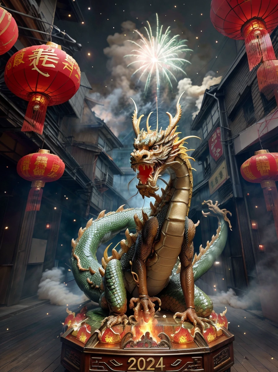 <lora:quiron_lunarNewYear2024_v1_lora:0.87> lunarNewYear2024quiron,festival party, lights, fireworks, chinese festival, crowded, new year celebration ,
claws, dragon, east asian architecture, fine art parody, lunar new year 2024 quiron, lunarnewyear2024quiron, open mouth, paper lantern, realistic, sharp teeth, tail,
eastern dragon, scales, crocodile nose, red (Chinese lanterns )in background, fog, fireworks and fog far background, fire, lighting, glowing dragon scales, intricate detailed, 3d ice cube, dripping, on smoke, 8k, light glitter on box, to go on a 3d futuristic box exactly like uploaded example/reference. One single shape on the box. Word "Ice" on the front. Put text on side of box that says "Trap Melody Kit",