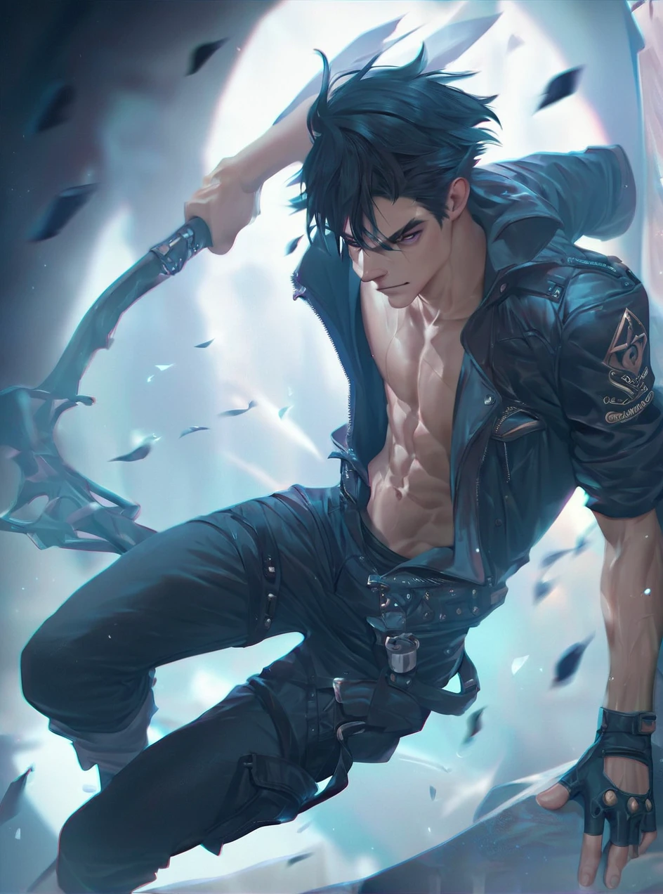 score_9, score_8_up, score_7_up, score_6_up, score_5_up, score_4_up,solo, black hair, gloves, 1boy, jacket, weapon, male focus, fingerless gloves, single glove <lora:sakimichan:1>