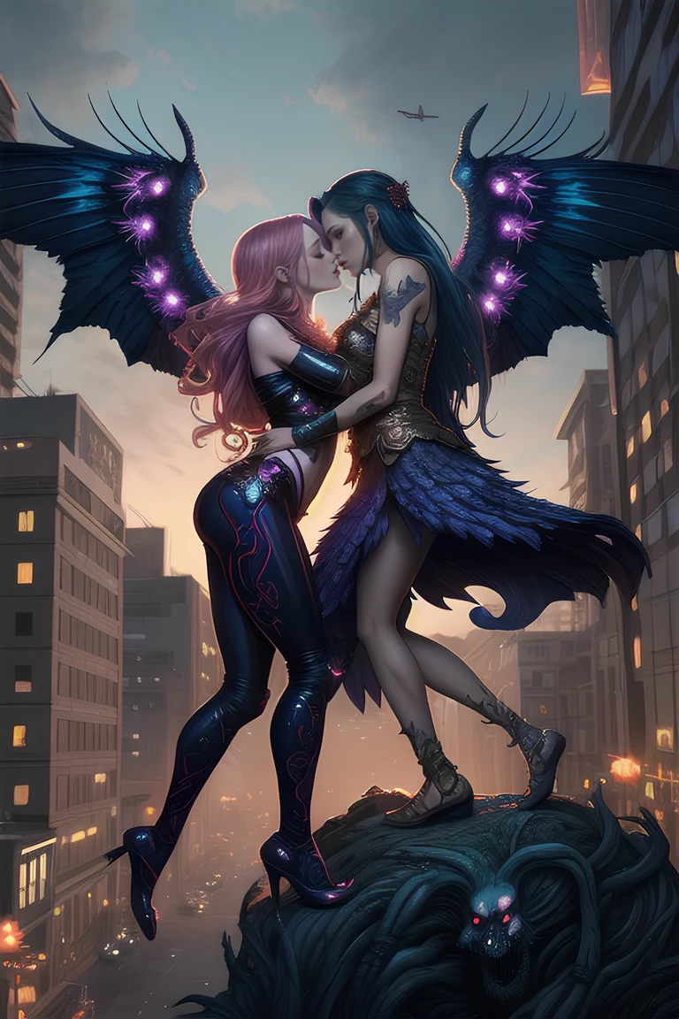 fantasy art designed by James Jean, Drawing, "I kissed a girl and I liked it.", Winged, Hotel in background, at Twilight, Realistic, Cryptidcore, spotlit, sci-fi