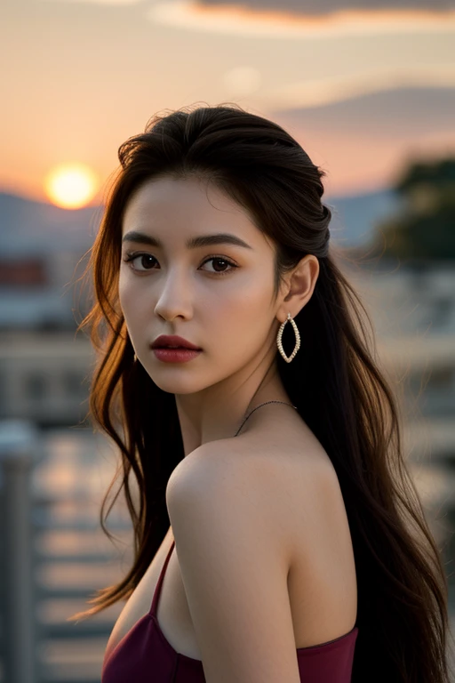 The Lion King, A wrap dress with espadrille wedges, Visionary, Tall, Firm, Diamond-Shaped Face, Olive Skin, Light Brown Hair, silver Eyes, Long Nose, Thick Lips, Receding Chin, Long Hair, Straight Hair, Side French Braid, perky breasts, Drop earrings, fuchsia matte lipstick, Gradients, Cartoon, Haze, sunrise/sunset, spill light