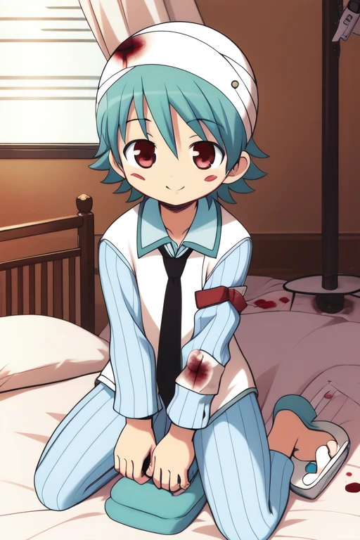 <lora:Mochizuki_Yuuma:0.8>, ãMochizukiYuuma, hat, solo, slippers, necktie, blood, full body, male focus, smile, 1boy, bandages, aqua hair, bed, hospital, room,
masterpiece, high quality, very_high_resolution, large_filesize, full color,