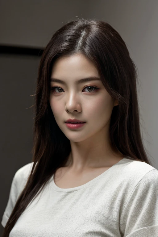 hyper realistic lifelike texture dramatic lighting unreal engine trending on art station, award winning photo, nikon RAW photo,8 k, Fujifilm XT3,masterpiece, best quality, realistic, photorealistic, ultra detailed, extremely detailed face, solo,1girl, standing, fashionable and trendy atmosphere, high-end makeup products, and a stylish expression on her face, close up, plain white t-shirt