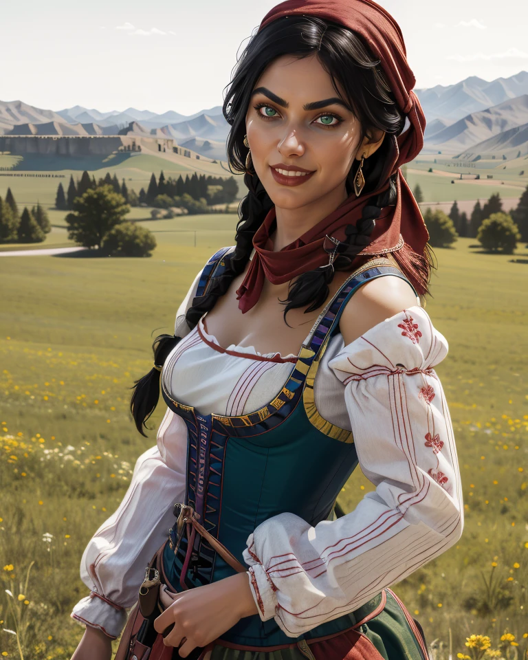 Nazar,black hair,long hair,twin braids,green eyes,
jewelry,long hair,earrings,red bandana,dress,corset,
standing,upper body,smile,
old west,merchandise,outdoors,
(insanely detailed,masterpiece, best quality),solo,<lora:MadamNazar:0.8>,
