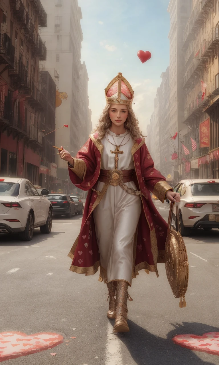 stval2024, 1girl best quality, masterpiece, full body, trending on arstation, staff, surrounded by love hearts, raw image, photorealistic,walking in new york, 5 fingers,