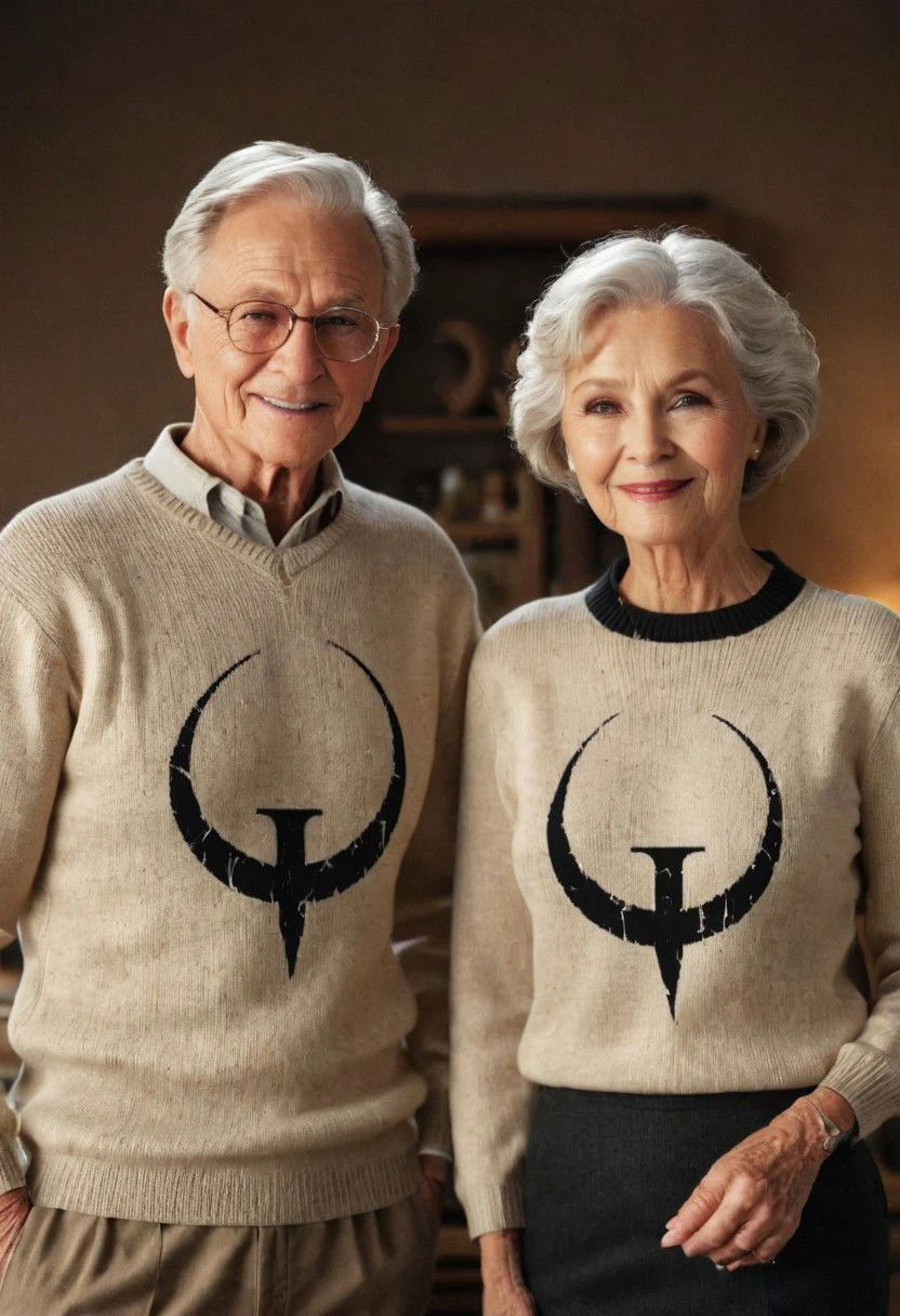 happy elderly couple in beige knitted sweater with black quake icon, quake icon, smiling to camera infront of classic desktop pc, text="quake is forever"
very detailed, atmospheric haze, Film grain, cinematic film still, shallow depth of field, highly detailed, high budget, cinemascope, moody, epic, OverallDetail, gorgeous, 2000s vintage RAW photo, photorealistic, candid camera, color graded cinematic, eye catchlights, atmospheric lighting, skin pores, imperfections, natural, shallow dof