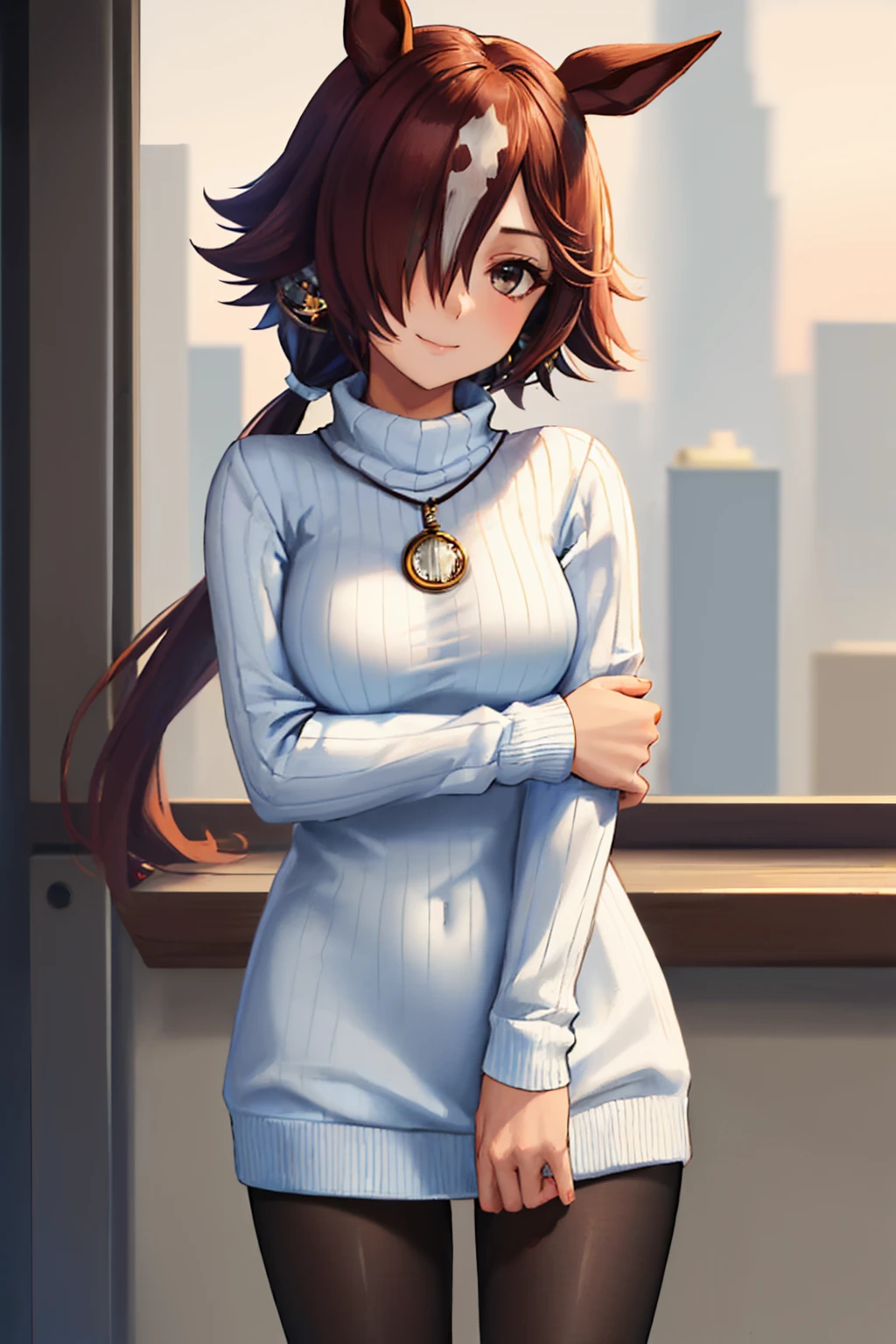 (masterpiece, best quality:1.2), solo, 1girl, umpdvodka, slight smile, looking at viewer, hand on own arm, hair over one eye, ponytail, horse ears, white sweater dress, turtleneck, ribbed sweater, long sleeves, black pantyhose <lora:umamusume_vodka-10:0.8> <lora:concept_handonownarm-11:1>