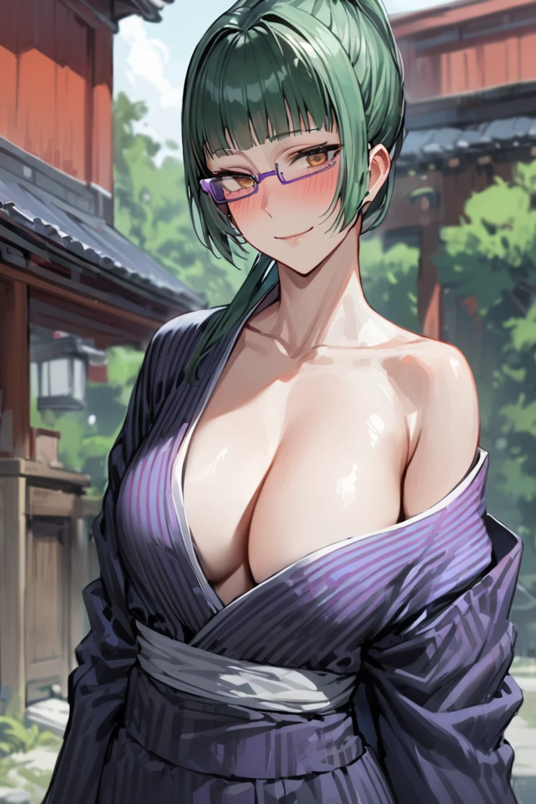 masterpiece, best quality, ultra detailed, BREAK 1girl, solo, female, maki exp, green hair, ponytail, long hair, brown eyes, purple glasses, side locks, bangs, yukata, japanese cothing, off shoulder, cleavage, japanese background,, outdoors,,, light smile, , cowboy shot, blush,, looking at viewer, colorful, vivid, <lora:Maki_Zenin_XL-000009:1>