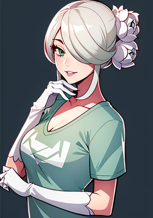 <lora:cogita:0.6>, cogita, 1girl, solo, breasts, looking at viewer, smile, short hair, cleavage, green eyes, flower, white hair, short sleeves, parted lips, elbow gloves, white gloves, hair over one eye, grey eyes, from side, grey eyes, eyelashes, t-shirt, print shirt