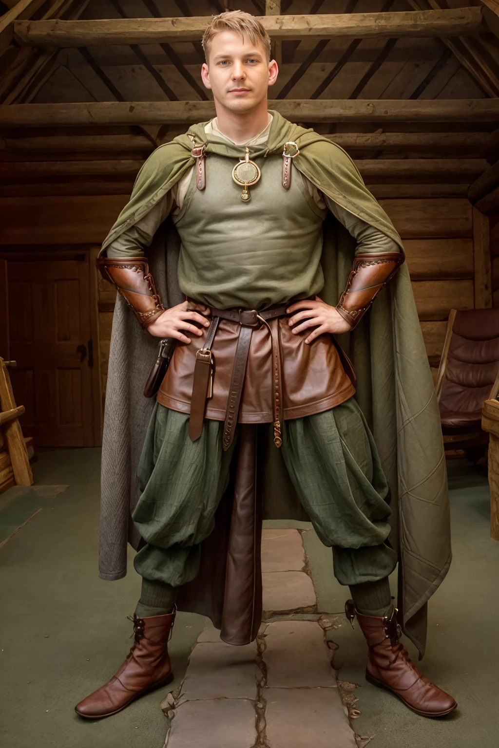 inside a viking longhouse, DariusFerdynand, norsemenclothes, green tunic, pants, cloak, gray cape, leather satchel, leather belt, leather vambrace, (((full body portrait))), wide angle <lora:DariusFerdynand:0.8> <lora:NorseMenClothes-08:0.8>