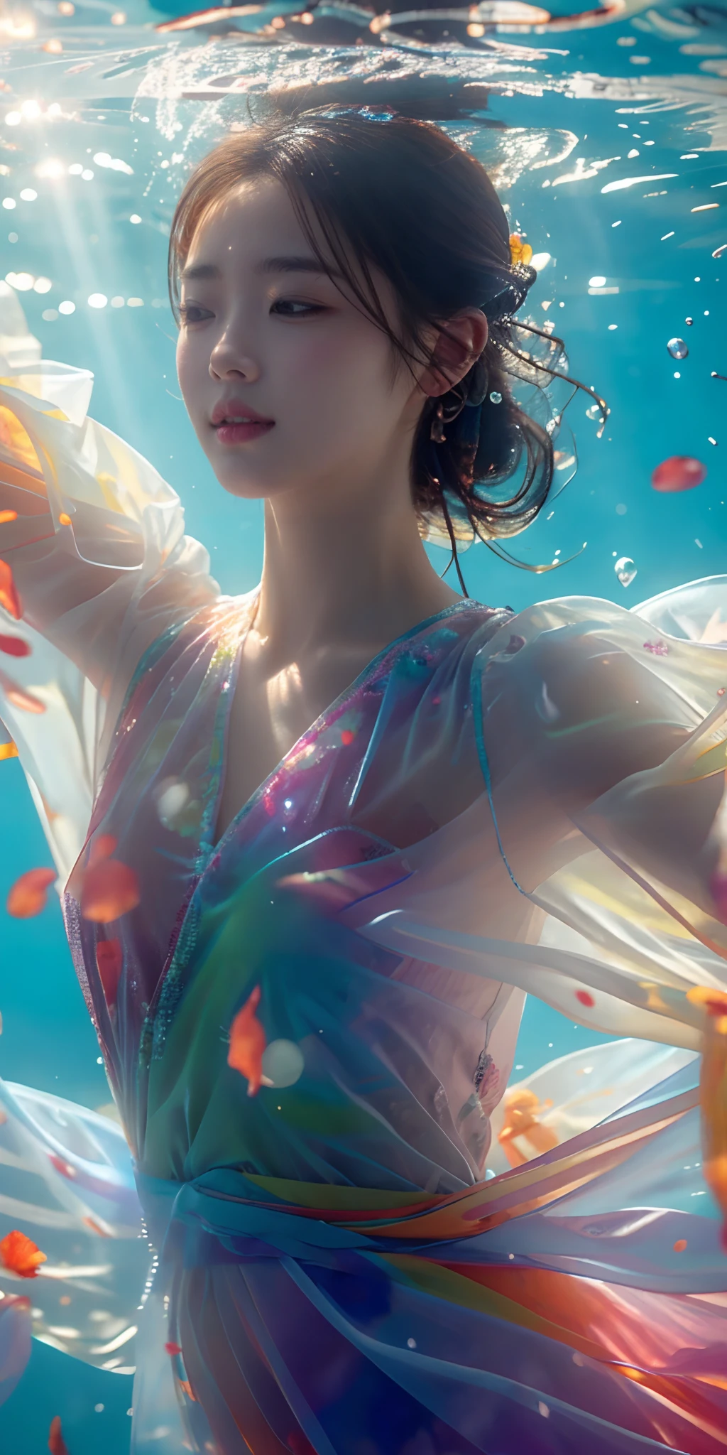 An ethereal ballet dancer floating in a dreamlike underwater world
Prompt: Ballet masterpiece by Edgar Degas, underwater ballet, impressionistic style, aquamarine cyan lilac pink, watery environment, flowing fabric, graceful motion, delicate brushstrokes, shimmering reflections, soft focus, dreamy atmosphere, photo realistic, intricate detailed, pointe shoes, elegant posture, masterpiece, best quality,