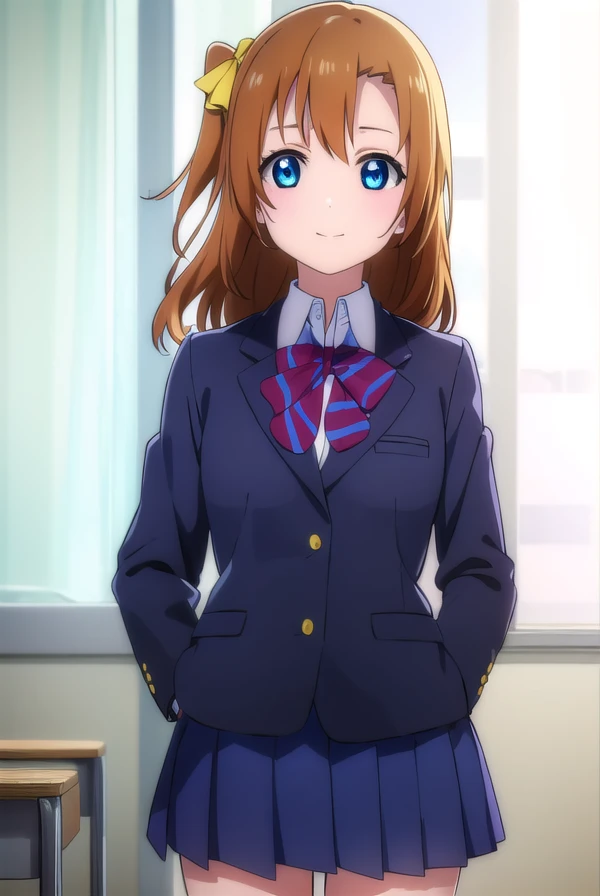 honokakousaka, <lora:honoka kousaka s1-lora-nochekaiser:1>,
honoka kousaka, blue eyes, brown hair, hair bow, orange hair, (one side up:1.2), short hair, yellow bow, smile,
BREAK skirt, school uniform, jacket, blazer, winter uniform, otonokizaka school uniform,
BREAK indoors, classroom,
BREAK looking at viewer, (cowboy shot:1.5),
BREAK <lyco:GoodHands-beta2:1>, (masterpiece:1.2), best quality, high resolution, unity 8k wallpaper, (illustration:0.8), (beautiful detailed eyes:1.6), extremely detailed face, perfect lighting, extremely detailed CG, (perfect hands, perfect anatomy),