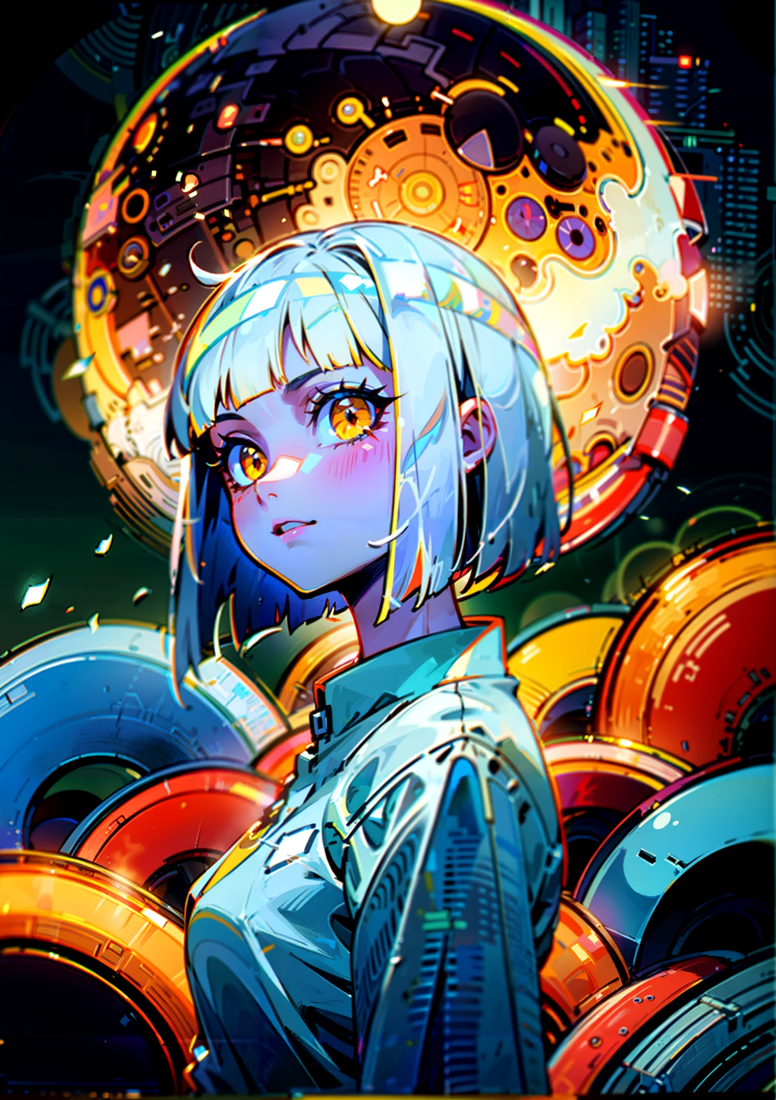 high detail, sharp focus, extremely detailed CG unity 8k wallpaper, dramatic, 8k, raw photo, (masterpiece), (best quality), highres, ultra detailed, physically-based rendering, pale skin, white hair, yellow eyes, bob cut, 1girl, white shirts, colorful, volumetric light, ray tracing, (post-apocalyptic meadow) sky, cloudy_sky, moonlight, moon, night, neon_pop style art, depth of field,