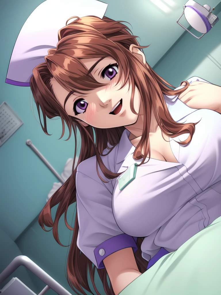 <lora:Midou_Yuuki:0.8>, MidouYuuki, 1girl, solo, nurse, brown hair, purple eyes, hat, nurse cap, long hair, large breasts, under_body, cowboy_Shot, smile, happy,
hospital, room, bed,
masterpiece, high quality, very_high_resolution, large_filesize, full color,