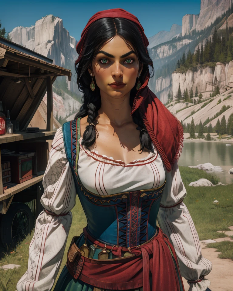 Nazar,black hair,long hair,twin braids,green eyes,
jewelry,long hair,earrings,red bandana,dress,corset,large breasts,
smile,cleavage,looking at viewer,covered nipples,leaning forward,
old west,merchandise,outdoors,night,boxes,
(insanely detailed,masterpiece, best quality),solo,<lora:MadamNazar:0.8>,