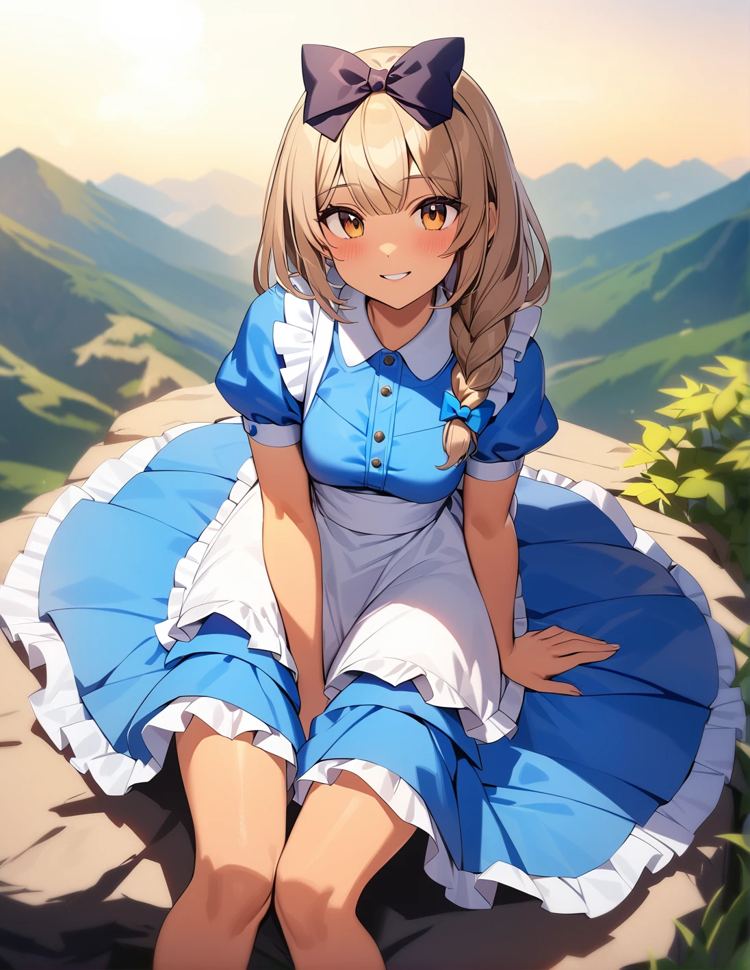 best quality, ultra-detailed, 1girl, solo, single braid, light brown hair, <lora:sdxl-alice_in_wonderland_outfit-v1:1>, aliceinwonderlandoutfit, blue dress, frilled apron,hair bow , sitting ,dark skin , ,smile, <lora:ALTXL_001_4:2>, on top of a mountain