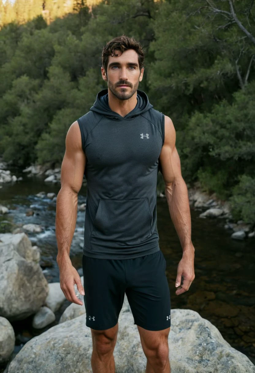 photo of Tyler Hoechlin a man <lora:Diego-Rodriguez-Doig_Tyler-Hoechlin:0.7>, wearing a sleeveless well-fitted under armour hoodie and compression shorts, standing on a boulder, outdoor trail, 35mm photograph, film, bokeh, professional, 4k, highly detailed, creek in the background, natural lighting, golden hour