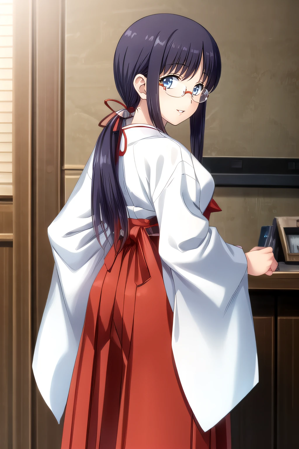 (masterpiece:1.2), best quality, high resolution, unity 8k wallpaper, (illustration), extremely detailed face, perfect lighting, extremely detailed CG, 1girl, solo, <lora:Ai:0.7>, jinnoai, blue eyes, standing, looking at viewer, smile, glasses, cowboy shot, parted lips, hakama, hakama skirt, miko, red hakama, japanese clothes, long hair, ponytail, from behind