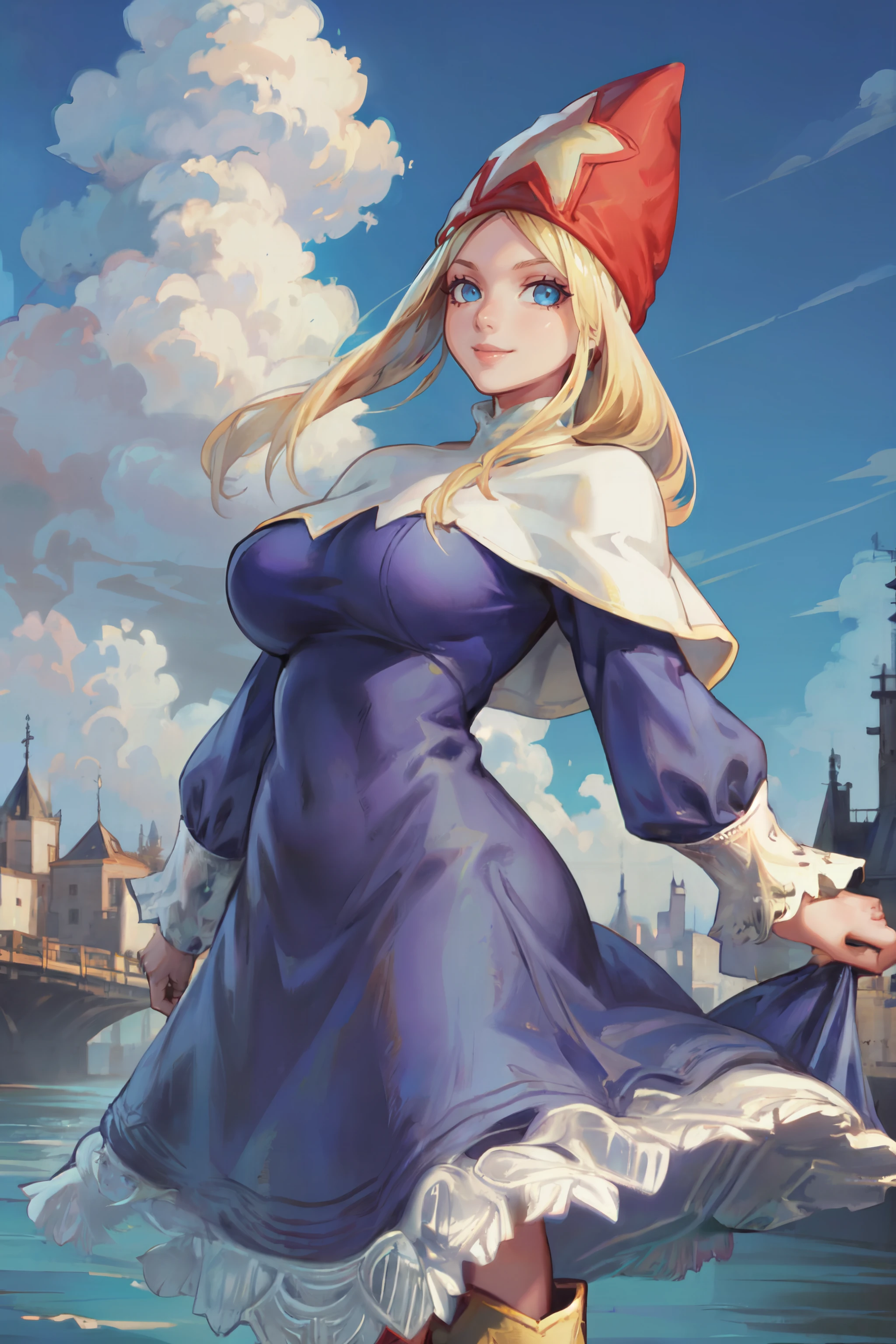 (masterpiece, best quality, ultra detailed, beautiful illustration), atmospheric perspective, depth of field, beautiful detailed eyes, anime eyes:1.4, looking at the viewer, (cowboy shot), dynamic pose, dynamic angle, (outdoors, fantasy castle, blue sky, clouds), 1girl, smile, (huge breasts), <lora:FinalFantasy_FemaleTimeMage:0.9>, TimeMageFFT, blonde hair, long hair, sidelocks, hat, ((long dress)), capelet, boots,