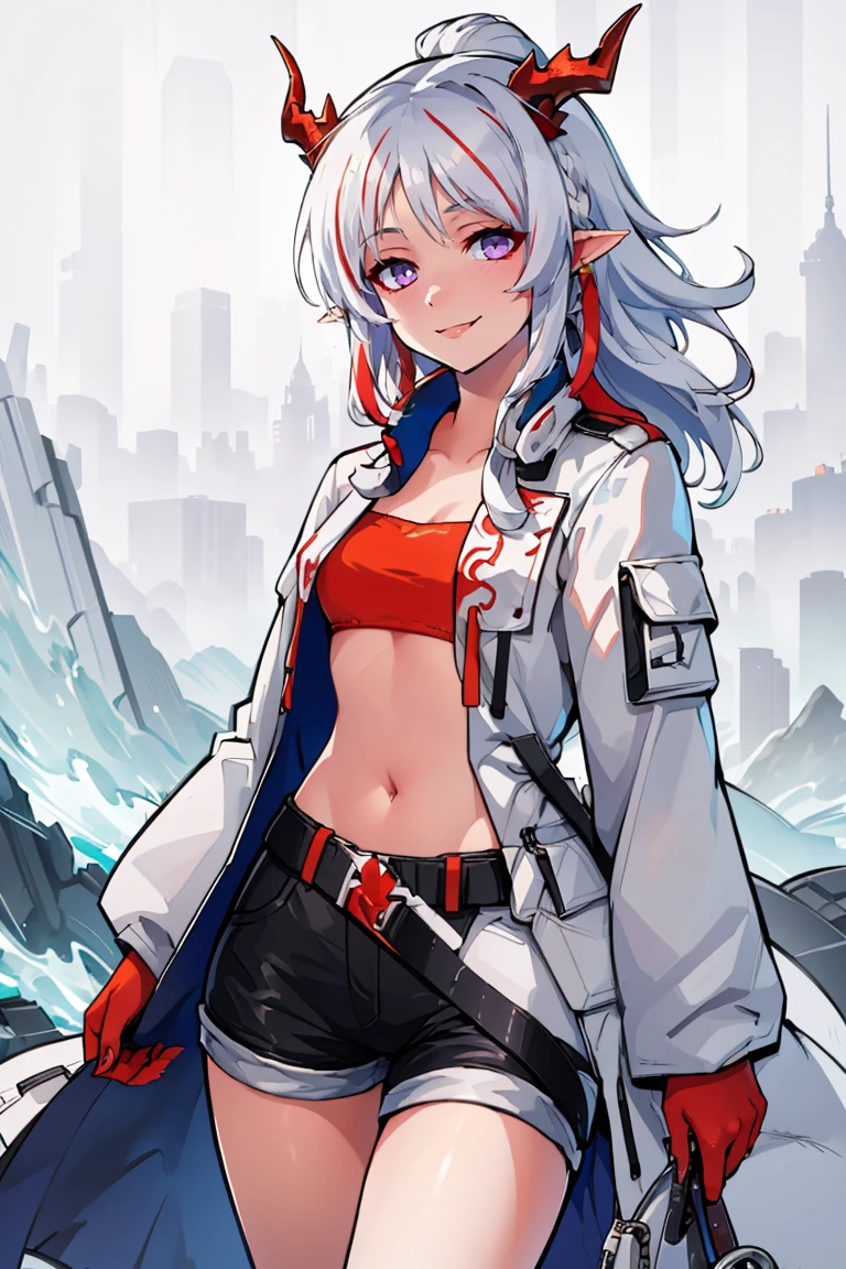 ((masterpiece,best quality)), absurdres,
<lora:Nian_Arknights:0.8>,
nian (arknights),
dragon horns, jewelry, multicolored hair,
belt, white coat, red bandeau, black shorts,
solo, smile, looking at viewer, cowboy shot,