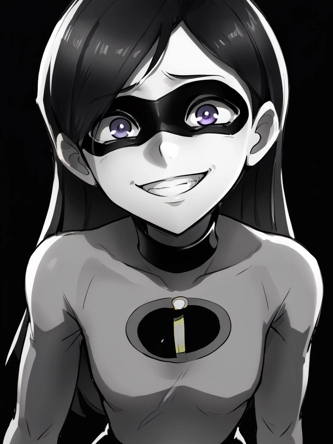 score_9, score_8_up, BREAK, source_anime,  monochrome, greyscale, ebiblue, gesugao, 1girl, violetparr, mask, long hair, black hair, purple eyes, (glowing eyes:0.5),  bodysuit, smile, looking at viewer, solo, sketch, black background   <lora:VioletParrXL:0.9>     <lora:EbiblueXL:1>