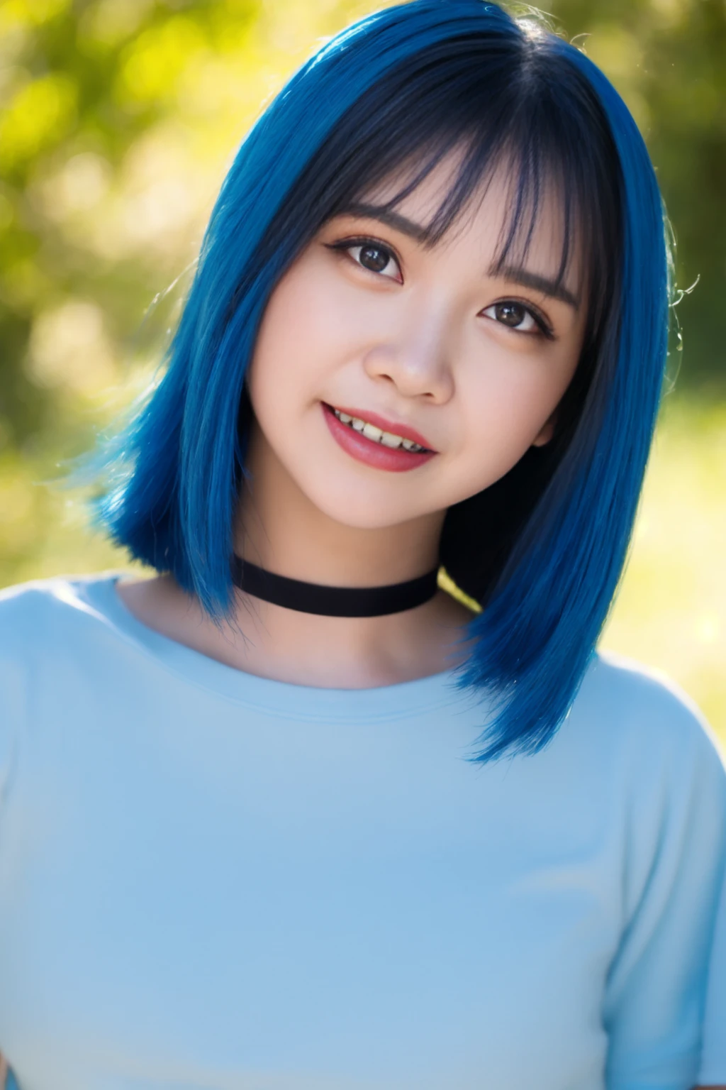 <lora:suzu_ir_v01:0.9>,
(8k, RAW photo, best quality, masterpiece:1.2), (realistic, photo-realistic:1.37), omertosa,1girl, blurry background,lake, sunlight,professional lighting, photon mapping, radiosity, physically-based rendering, backlight bokeh, blurry background,smile, ((black choker)), red lips, student ,((lights shinning on the face))
head portrait
,
sunlight, ((outdoors)) ,((light shinning on the hair))
((t-shirt,short t-shirt)),
((high twin-tail hair)), ((floating hair)), blue hair,straight hair, glowing hair,
135mm lens,gold-rimmed glasses,,big breast,red lips,smile,