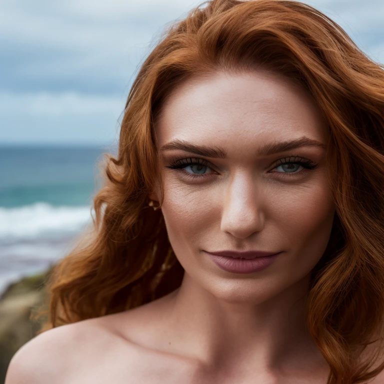 (best quality,4k,highres,masterpiece:1.2),ultra-detailed,(realistic,photorealistic,photo-realistic:1.37),natural lighting,portrait,ocean,rocks,nature,naked girl:1.1,curly red hair:1.1,light blue eyes:1.1,young:1.1,lying position,sunshine reflecting on her skin,serene expression,gentle waves,soft sand,subtle breeze,peaceful atmosphere
