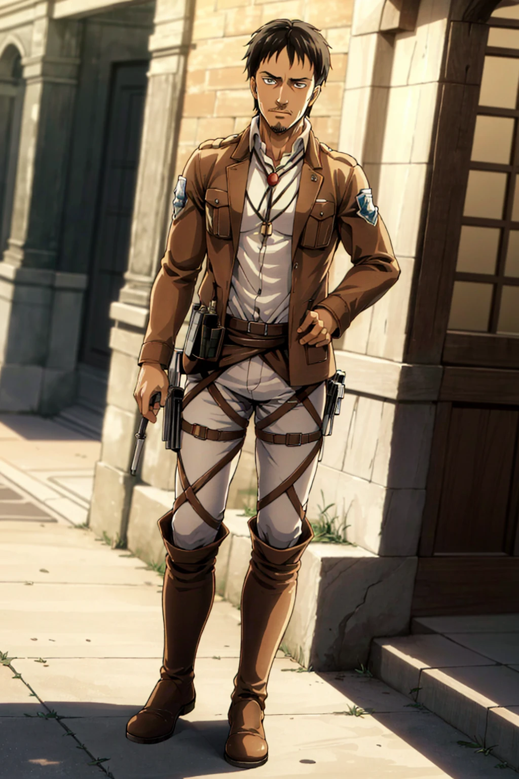 (1 image only),  solo male,  1boy,  Nile Dok,  Attack on Titan,  lean,  facial hair,  light mustache,  light goatee,  dark brown eyes,  black hair,  short hair,  paradis military uniform,  bolo tie,  handsome,  mature,  charming,  alluring,  full body in frame,  perfect anatomy,  perfect proportions,  8k,  HQ,  (best quality:1.2,  hyperrealistic:1.2,  photorealistic:1.2,  masterpiece:1.3,  madly detailed photo:1.2),  (hyper-realistic lifelike texture:1.2,  realistic eyes:1.2),  high_resolution,  perfect eye pupil,  dutch angle,<lora:EMS-498-EMS:0.200000>,<lora:EMS-288708-EMS:0.700000>