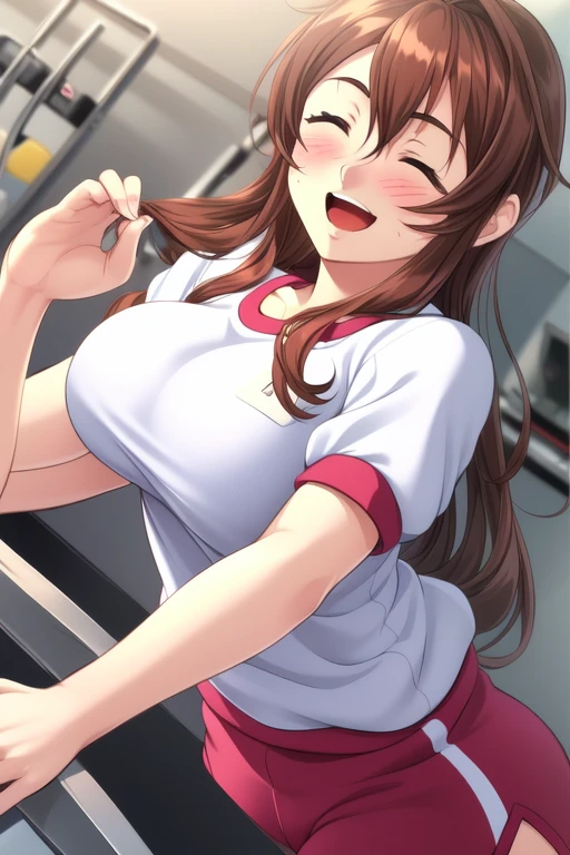 <lora:Midou_Yuuki:0.8>,  MidouYuuki, 1girl, soro, closed eyes,  open mouth,  brown_hair, long_hair,  large breasts,  happy, smile,
buruma, blush, gym uniform, smile, open mouth, 
masterpiece, high quality, very_high_resolution, large_filesize, full color,