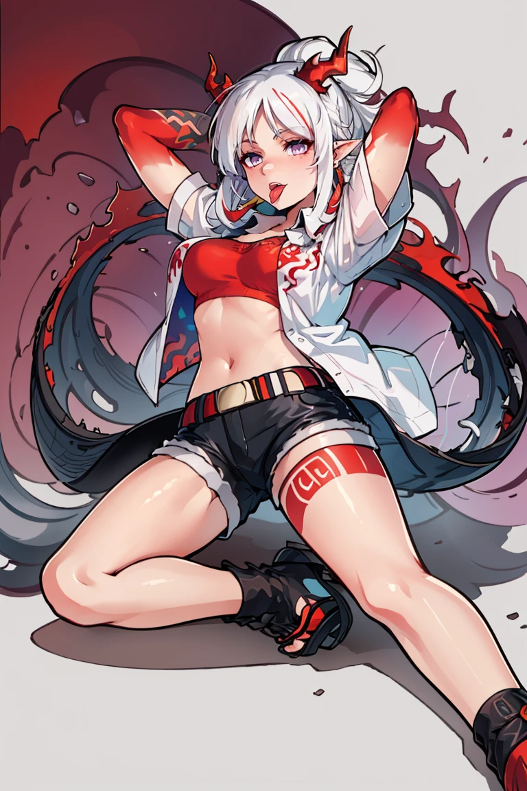 ((masterpiece,best quality)), absurdres,
<lora:Nian_Arknights:0.8>, 
Nian Arknights, arknights, arms behind head, belt, black shorts, camisole, collared shirt, colored skin, dragon girl, dragon tail, earrings, flame-tipped tail, gradient background, gradient skin, highres, horns, jewelry, leg tattoo, looking at viewer, midriff, multicolored hair, natsuba002, nian (arknights), open clothes, open shirt, parted bangs, ponytail, red background, red camisole, red hair, red skin, red socks, sandals, see-through, shirt, short shorts, shorts, sidelocks, socks, streaked hair, tail, tattoo, tongue, tongue out, white background, white belt, white shirt