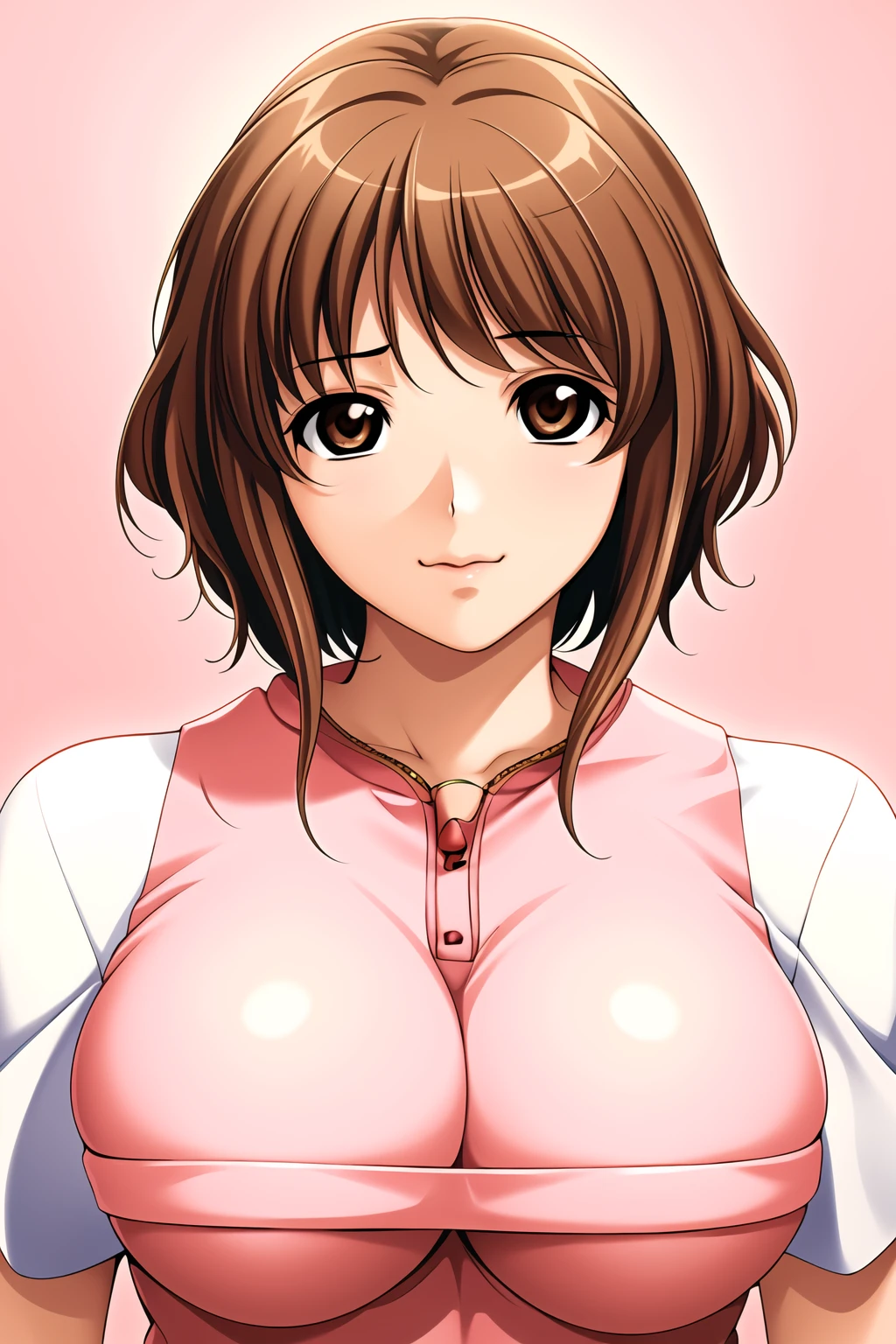 Simple pink Background,
short sleeves,pink shirt ,
<lora:Mei_Shindou_AkibaGirls-KK77-V1:0.7>,
brown eyes, brown hair,bangs,short hair,
<lora:Oda_Non_Style-KK77-V2:0.3>,<lora:more_details:0.1>,
1 girl, 20yo,Young female,Beautiful long legs,Beautiful body,
Beautiful Nose,Beautiful character design, perfect eyes, perfect face,expressive eyes,perfect balance,
looking at viewer,(Focus on her face),closed mouth, (innocent_big_eyes:1.0),(Light_Smile:0.3),
official art,extremely detailed CG unity 8k wallpaper, perfect lighting,Colorful, Bright_Front_face_Lighting,White skin,
(masterpiece:1.0),(best_quality:1.0), ultra high res,4K,ultra-detailed,
photography, 8K, HDR, highres, absurdres:1.2, Kodak portra 400, film grain, blurry background, bokeh:1.2, lens flare, (vibrant_color:1.2),professional photograph,
(Beautiful,large_Breasts:1.4), (beautiful_face:1.5),(narrow_waist),