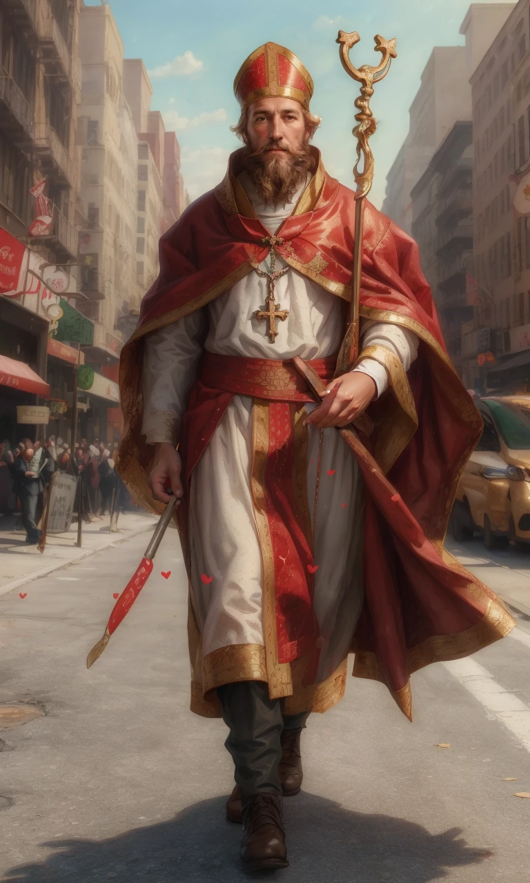 stval2024, 1 man, best quality, masterpiece, full body, trending on arstation, staff, surrounded by love hearts, raw image, photorealistic, beard, walking in new york, holding palm leaf,