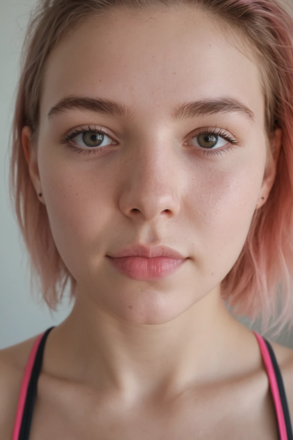 Generate a close-up image that captures an 18-year-old girl with rainbow-colored hair and a sweaty face, looking seductively and directly into the camera, wearing skimpy pink sportswear, perhaps after a strenuous workout or sports activity.