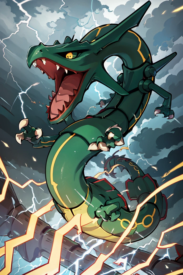 ((masterpiece,best quality)), absurdres,
<lora:Rayquaza:0.8>, Rayquaza, no humans, solo,
animal focus, chao xiaopu, cloud, dragon, eastern dragon, electricity, flying, gen 3 pokemon, highres, legendary pokemon, lightning, nintendo, nostrils, open mouth, pokemon, sharp teeth, storm, teeth, yellow eyes