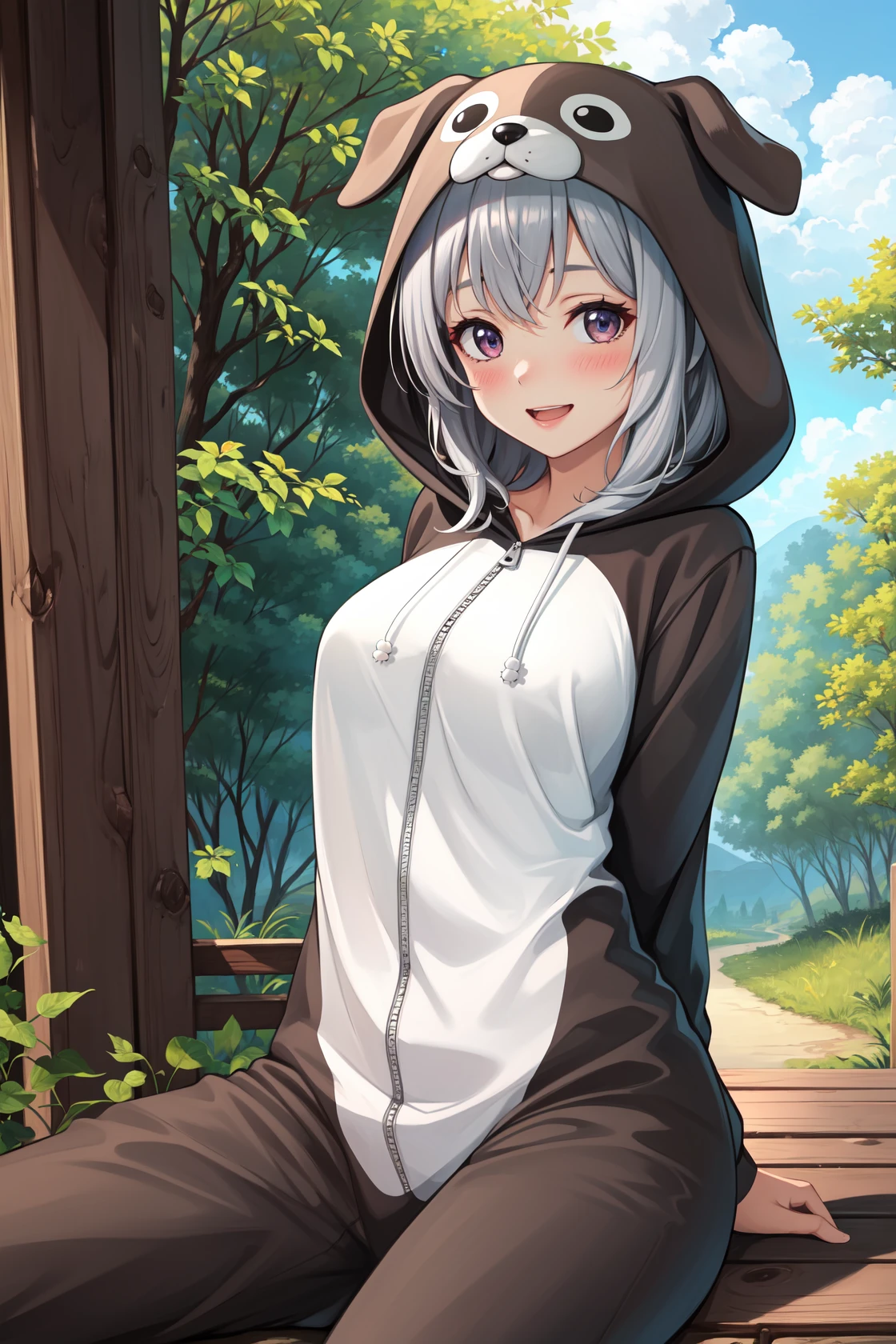 masterpiece, best quality, highres,
PajamAnimal, 1girl, solo, blush, animal ears, grey hair, dog ears, hood, hoodie, animal hood, animal costume, dog hood, dog costume, pajamas, dog tail,
sitting, leaning back, cowboy shot, arms behind back, looking at viewer, forest, sunlight, cloudy, laughing, <lora:Concept_Pajamas:1>