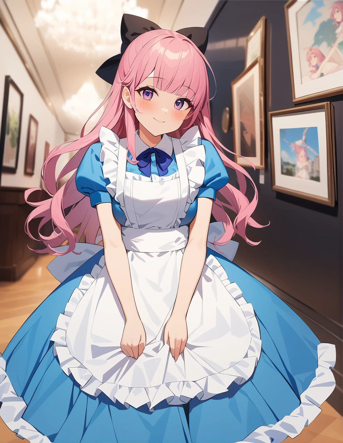 best quality, ultra-detailed, 1girl, solo, shouten pegasus mix mori hair, pink hair, <lora:sdxl-alice_in_wonderland_outfit-v1:1>, aliceinwonderlandoutfit, blue dress, frilled apron,hair bow , standing ,,, ,smile, <lora:ALTXL_001_4:2>, in an art gallery