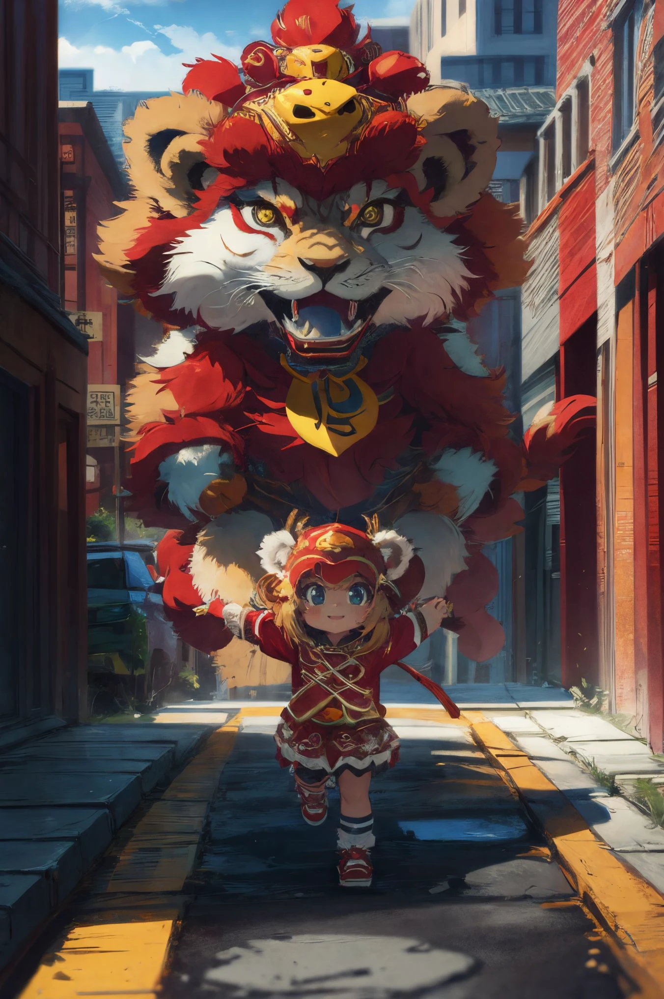 Dynamic Angle,Perspective,High Point,pov,
xuer lion head,child,full body,
<lora:~Q?-r[P^=Q?zrH xuer lion head:0.8>,kind_smile,
