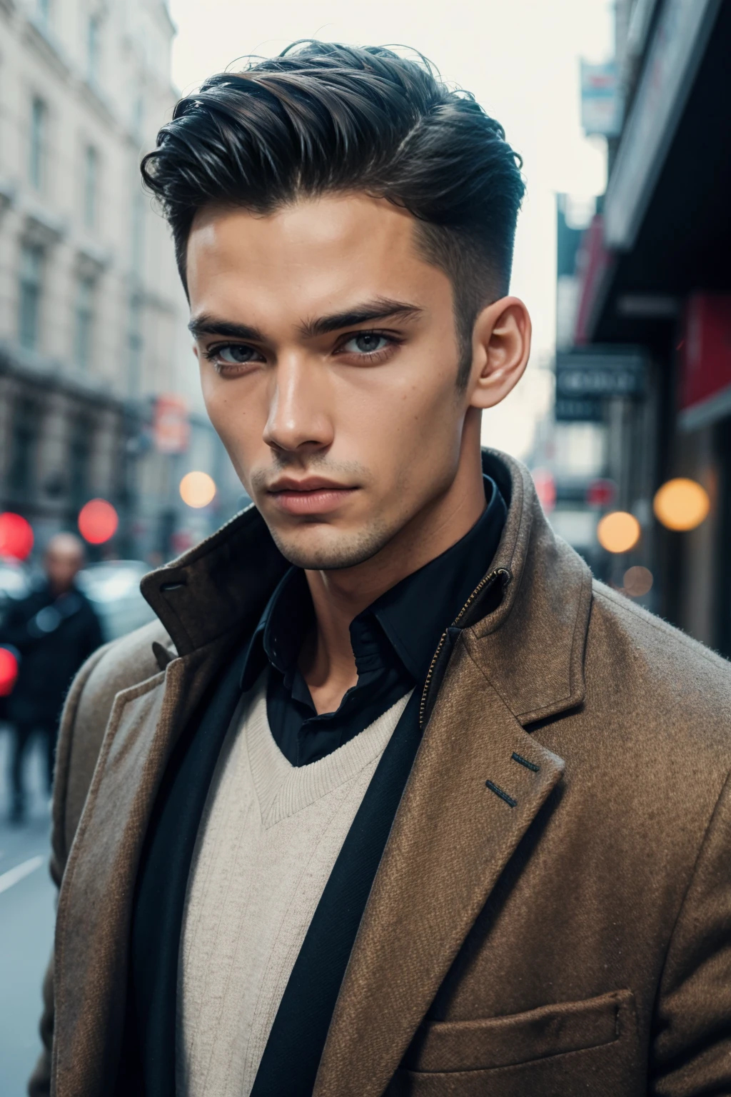 fashion magazine photoshoot, handsome top model, man wearing only coat, posing, bored face expression, skinny, elegant, detailed skin texture, pores, deep photo, raw photo, film grain, grainy photo, professional photo, artistic, on a street,
