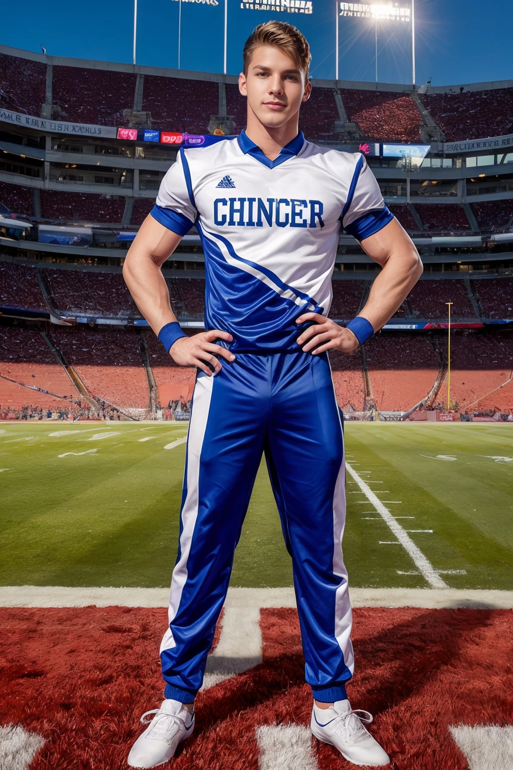 sideline of a stadium, DariusFerdynand is a (male cheerleader), wearing a (men's cheerleader uniform), cheerleader, pants, (((full body portrait))), wide angle <lora:DariusFerdynand:0.75>