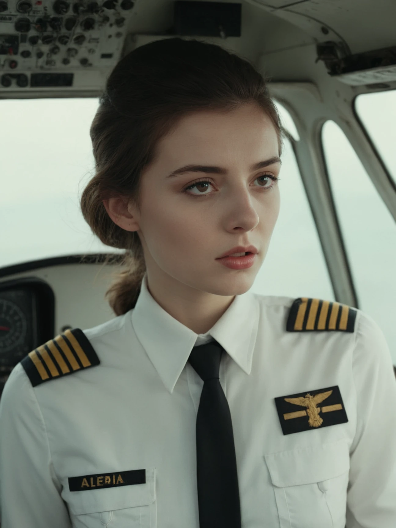 style of Alessio Albi, A fair-skinned woman, Pilot, highly detailed, Movie stills