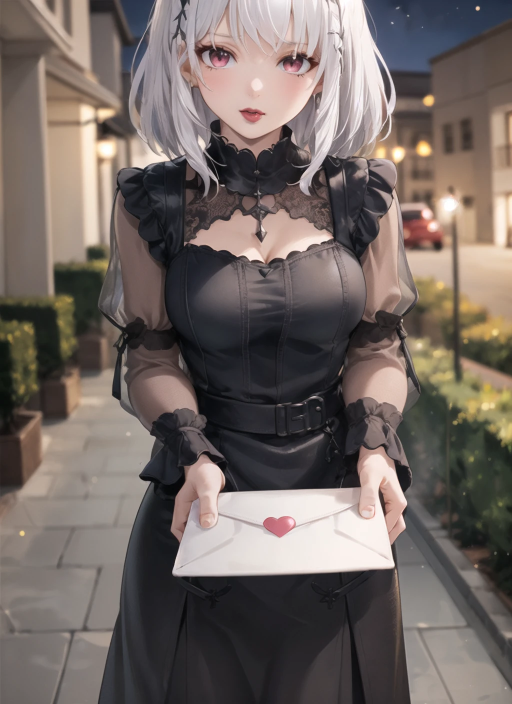 1girl, (love letter), gothic dress, lace trim, outdoors, night, lipstick, white hair, medium hair, <lora:love_letter_v1:0.9>