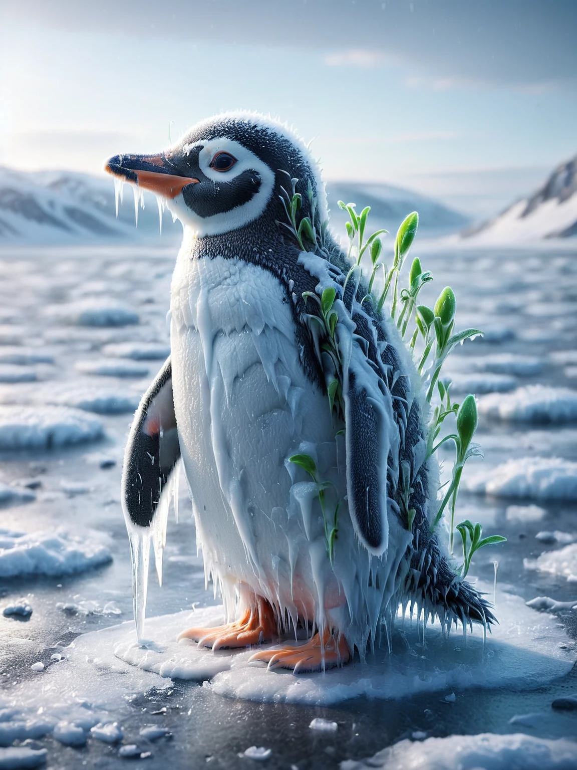 ais-sproutz penguin standing in the tundra <lora:Sprouting_Spring_SDXL:1>