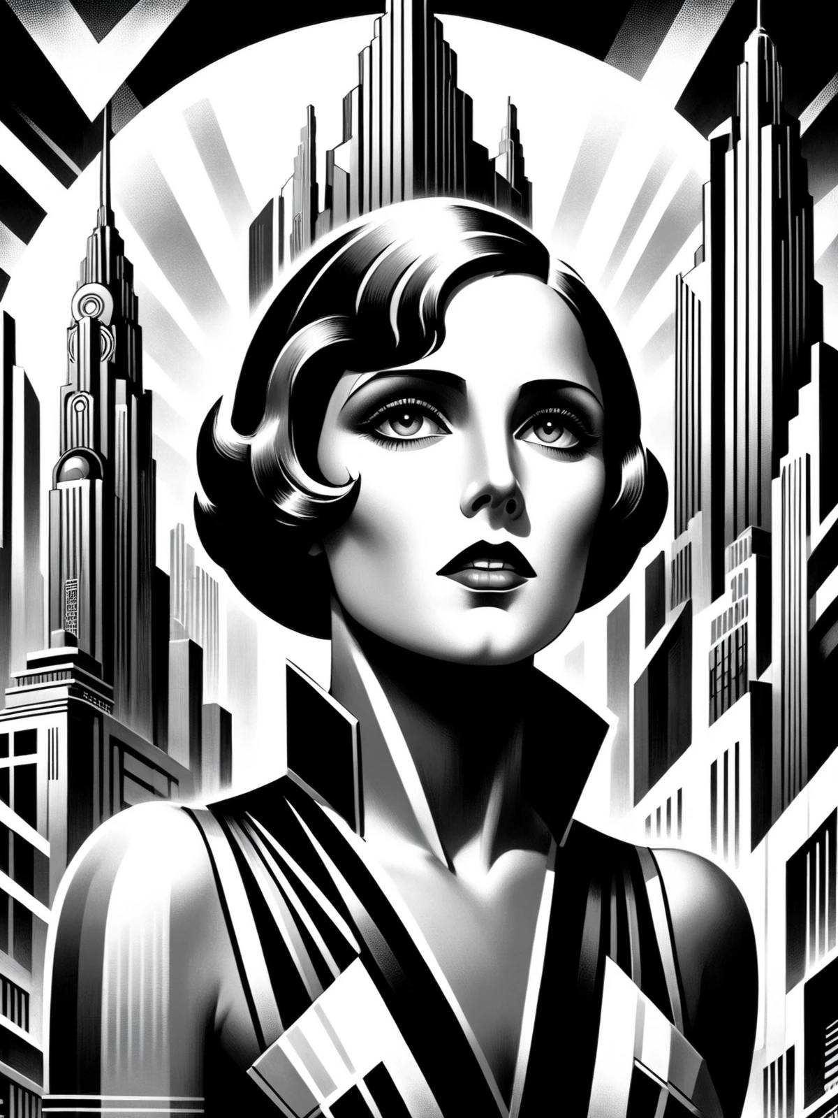 woman, office, futuristic, stylized, art deco, expressionist, 1920s, black and white, city in the background  <lora:Metropolis_Movie_Poster_Style_SDXL:0.8> mad-ropolis-poster, (masterpiece:1.2), best quality, (hyperdetailed, highest detailed:1.2), high resolution textures