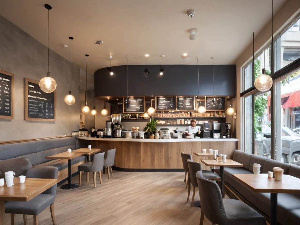 <lora:JJsCoffee_Shop_XL:.7>, ((Coffee Shop)), indoors, masterpiece , best quality, soft lighting, high quality, enough detail, high resolution, super realistic, Photorealistic, highly detailed, , table, chair, cup, counter, sofa, ceiling light, door, window, city, street, ((waiter)), ((motion blur)),