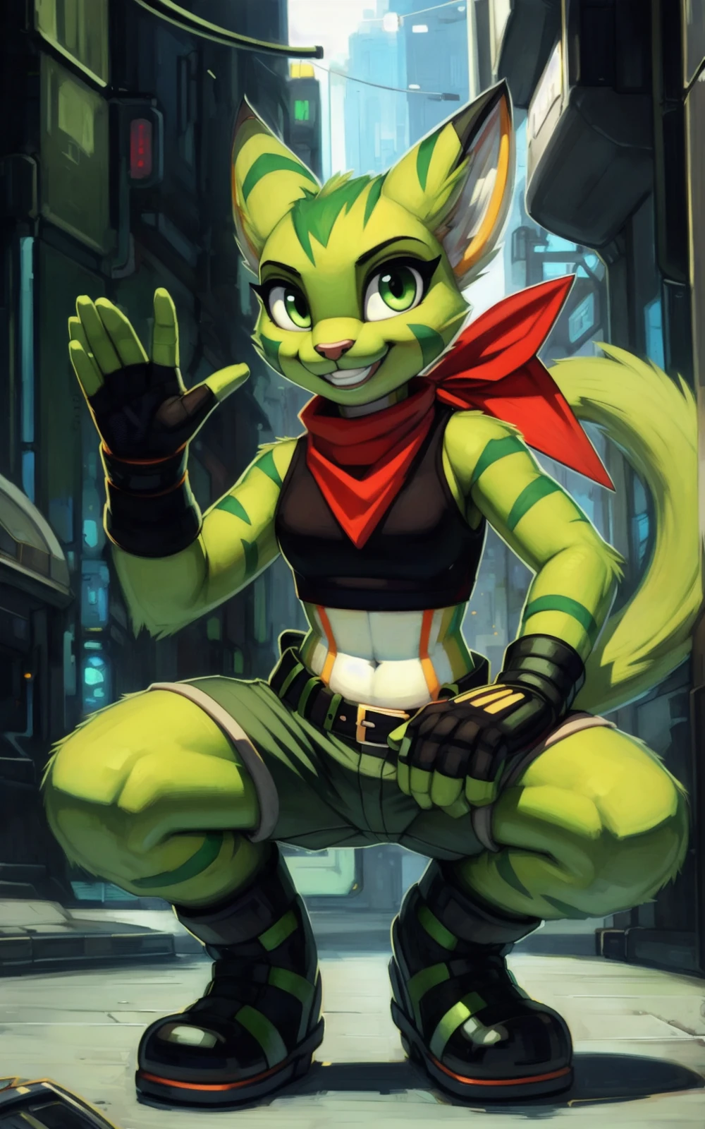 8k,4k,((Best quality, masterpiece, ultra high resolution)),((full body, by pixelsketcher)),   <lora:CarolTeaV2:0.8>,CarolTeaV2,furry,furry female,green eyes, tail, animal ears,cat tail, body fur, animal nose, cat ears, cat girl, green fur, green skin,gloves, black gloves,belt,fingerless gloves, ((green shorts)), shirt, shorts,bandana, sleeveless, black shirt,boots, sleeveless shirt, green footwear, shoes, red bandana,navel, midriff, cyberpunk,squatting, [waving],head tilt,smile, teeth, hand on leg