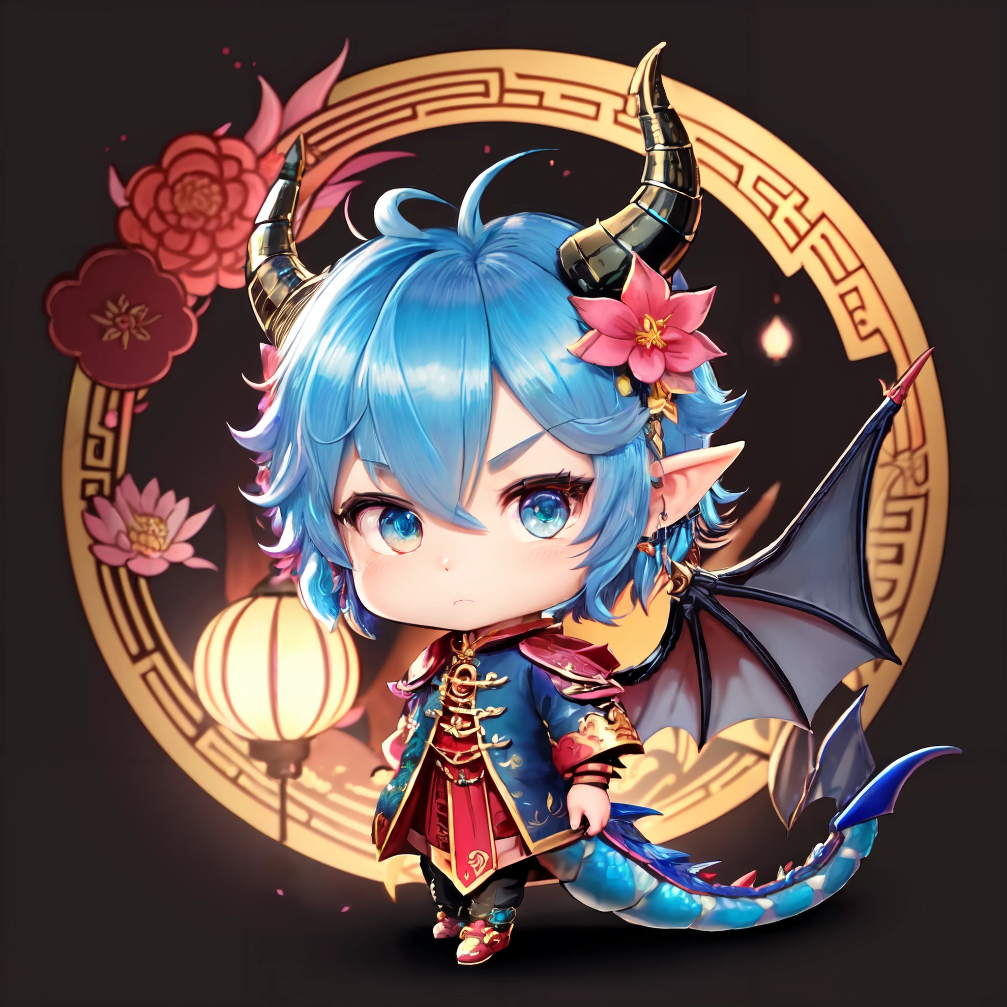 LunarChibiDragon,solo,looking at viewer,short hair,blue eyes,hair ornament,1 dragon boy,jewelry,blue hair,tail,full body,flower,male focus,multicolored hair,earrings,wings,horns,hair flower,chibi,:3,colored skin,dragon horns,lantern,dragon tail,scales,paper lantern,dragon wings,dragon boy,chibi dragon,lunar new year,nice hand,detailed face,sfw,,no human,dragon skin,humanoid dragon,dragon face,
<lora:LunarChibiDragon:1>,detailed lunar new year backround with fireworks