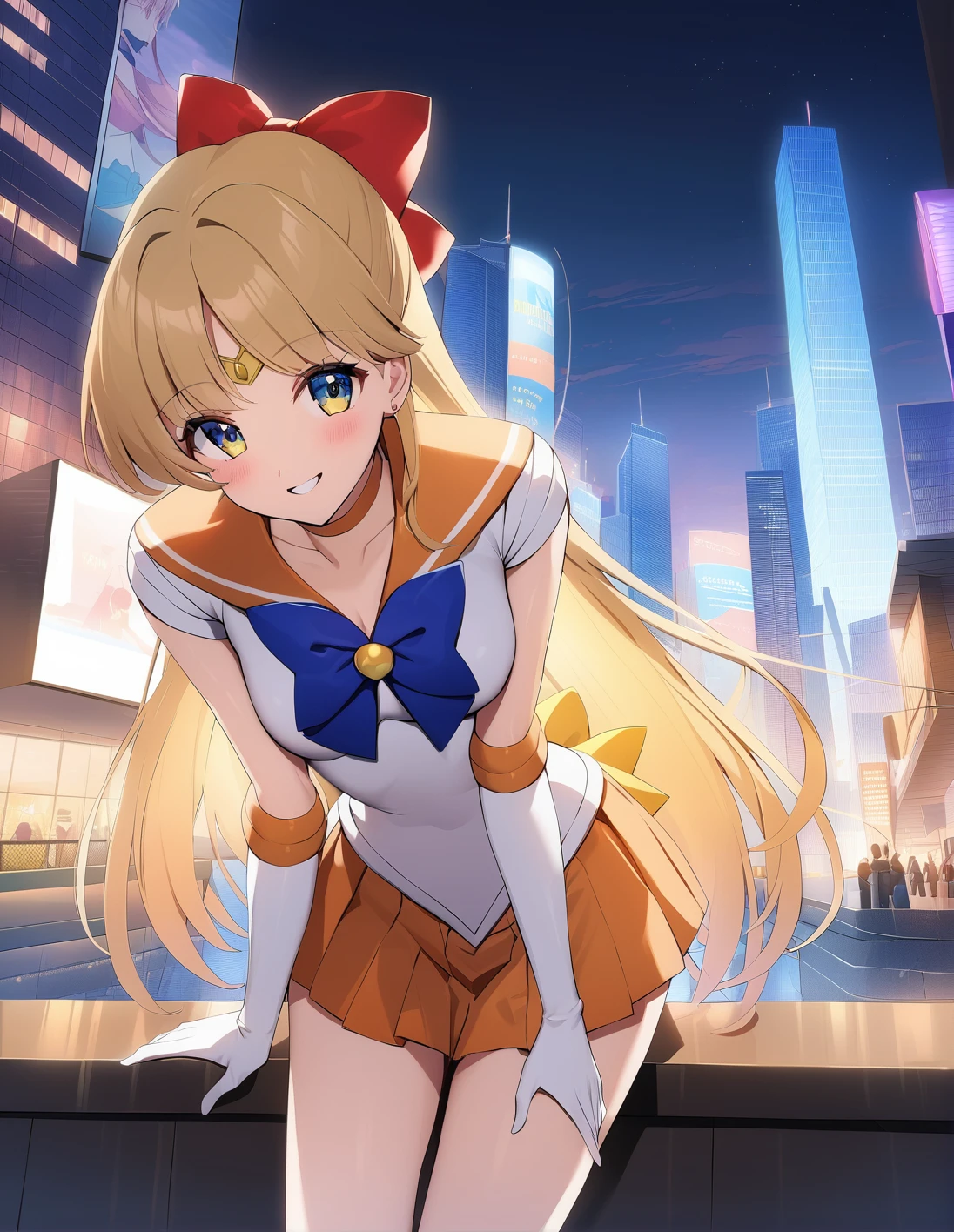 best quality, ultra-detailed, 1girl, solo,<lora:sdxl-sailor-venus-v1:1>, sailorvenus, xnormaluniformx, choker, gloves, relaxed posture, elbows extended, standing, knees , ,smile, <lora:ALTXL_001_4:2>, city, at night